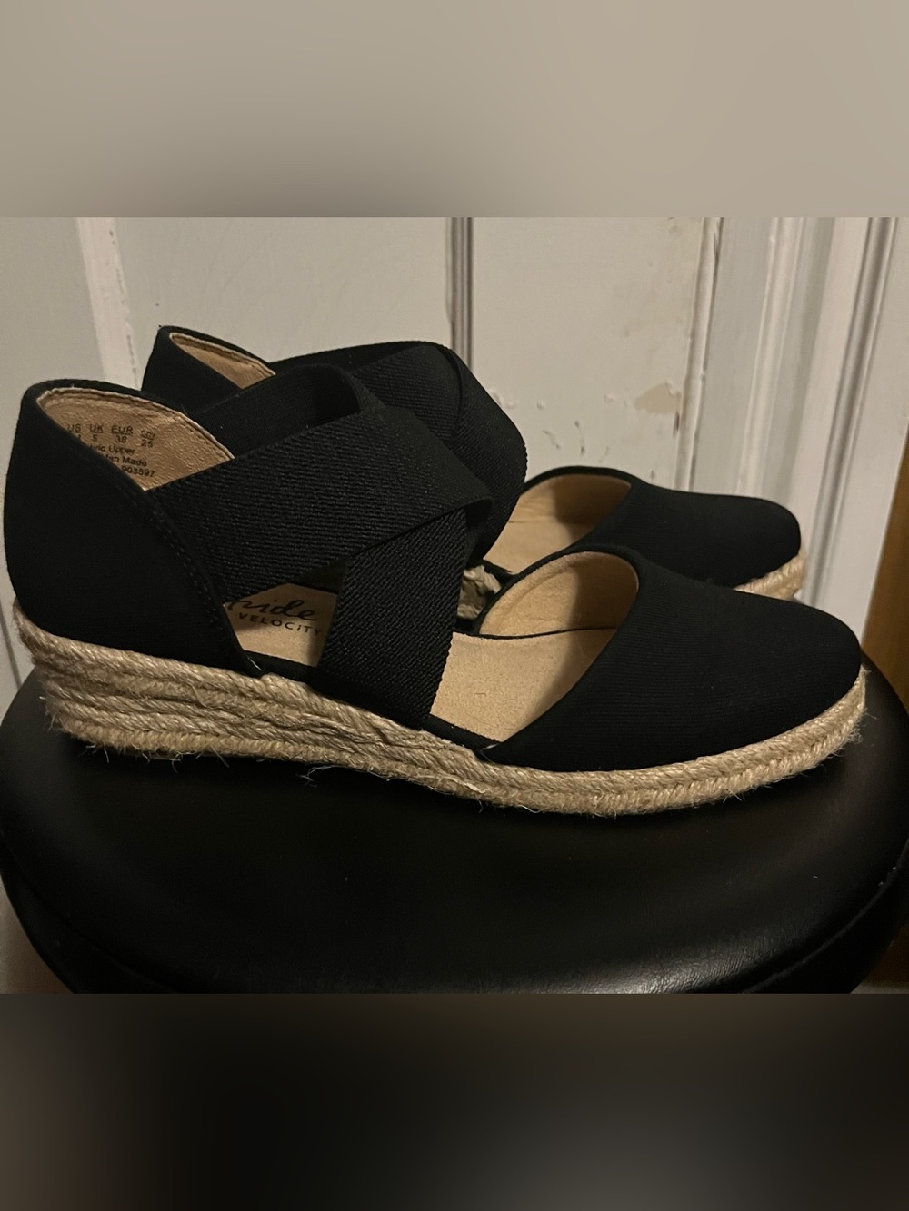 New Life Stride Black Espadrille Wedge Sandals